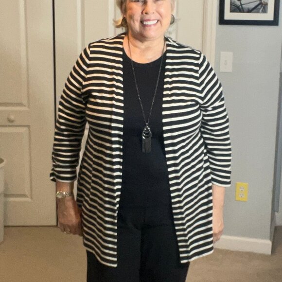 Rafaella Black & White Striped Open Front Cardigan Jacket, size large, cotton - Picture 2 of 12